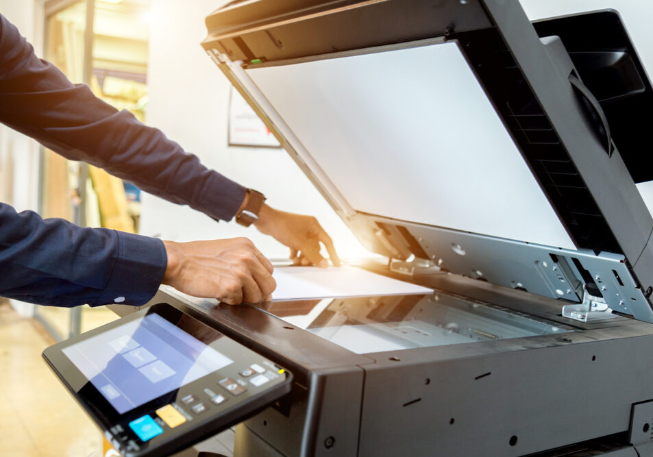 Bussiness,Man,Hand,Press,Button,On,Panel,Of,Printer,,Printer
